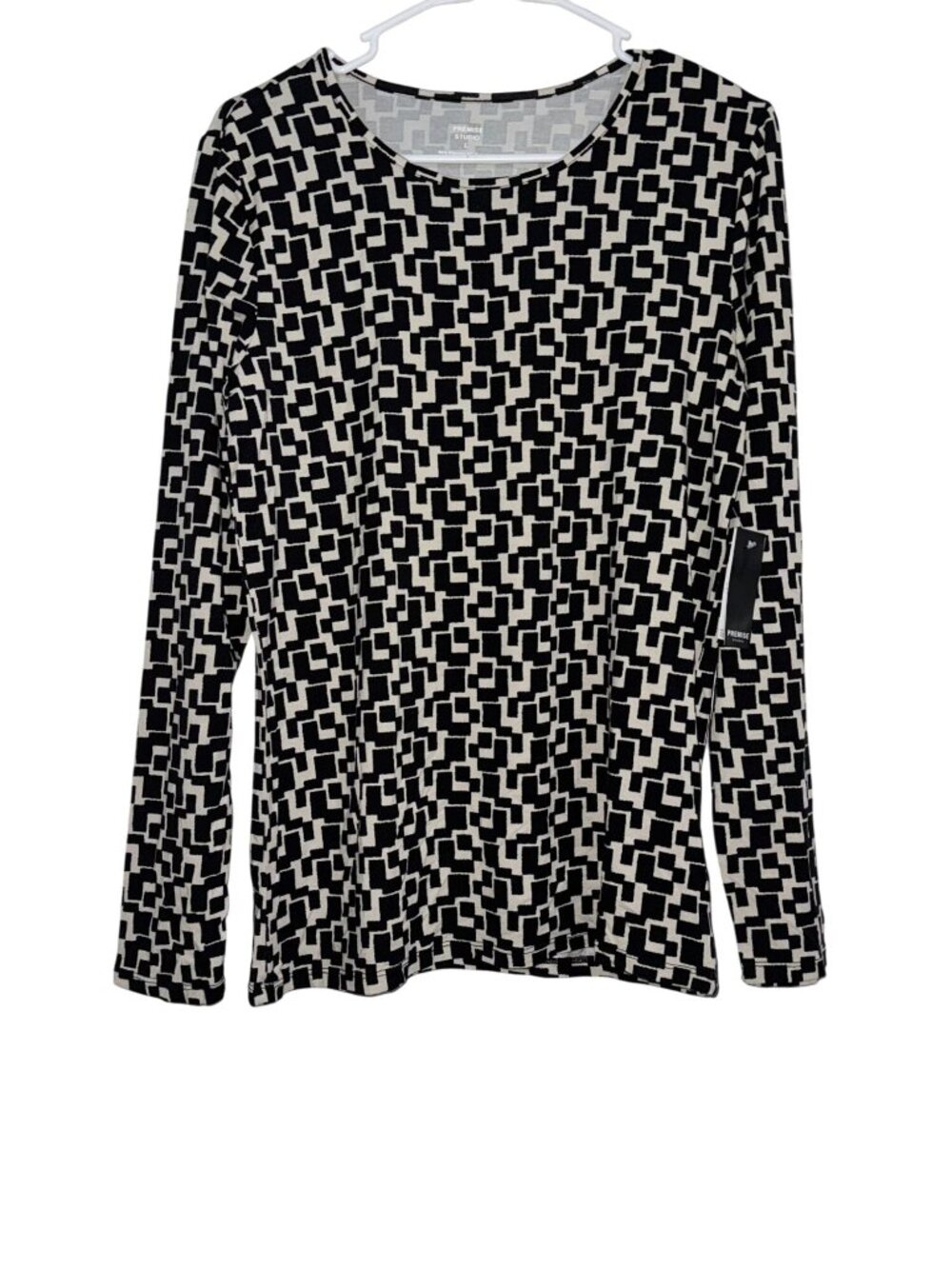 Premise Studio Womens Geometric Print Long Sleeve Top L Black & White